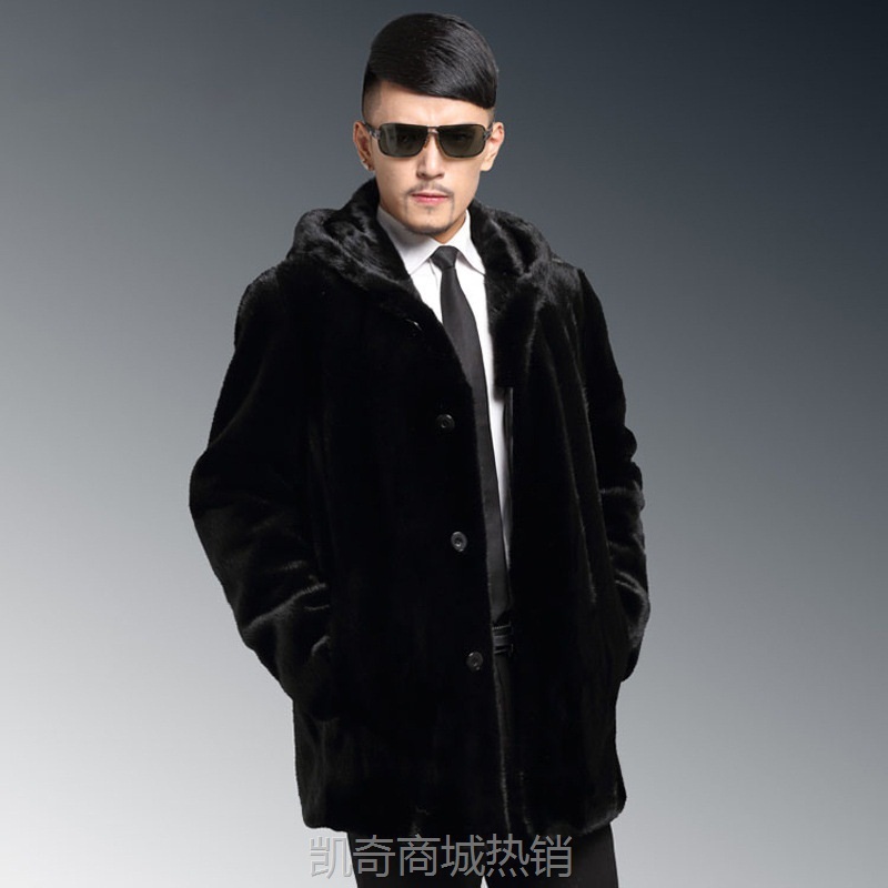 秋冬仿皮草外套整貂男仿貂皮大衣中长款连帽 水貂裘皮欧美大码