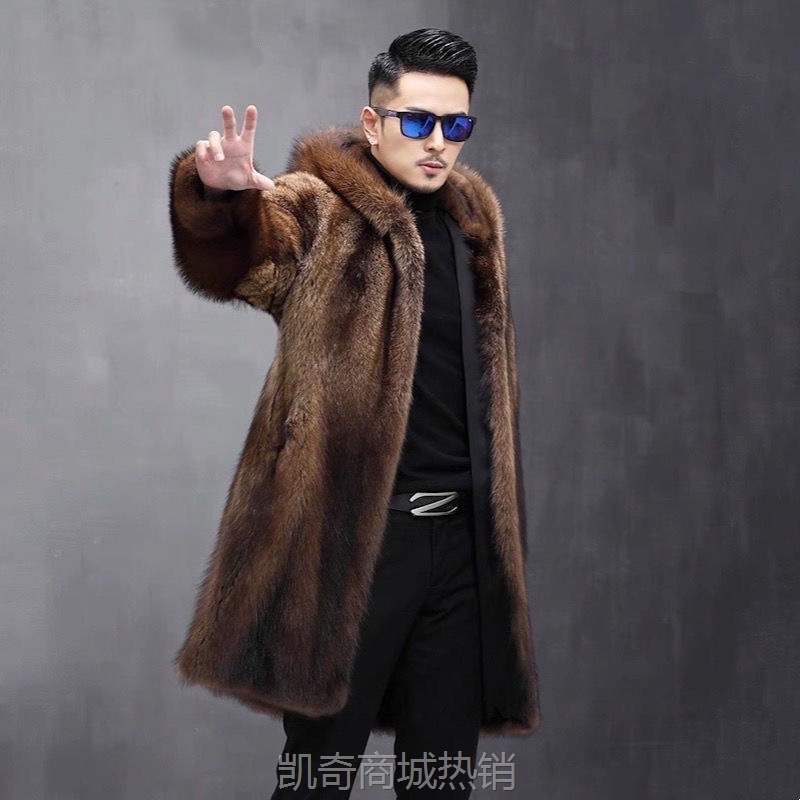 冬季男装皮草外套连帽长款仿水貂毛整貂宽松休闲裘皮保暖大衣大码