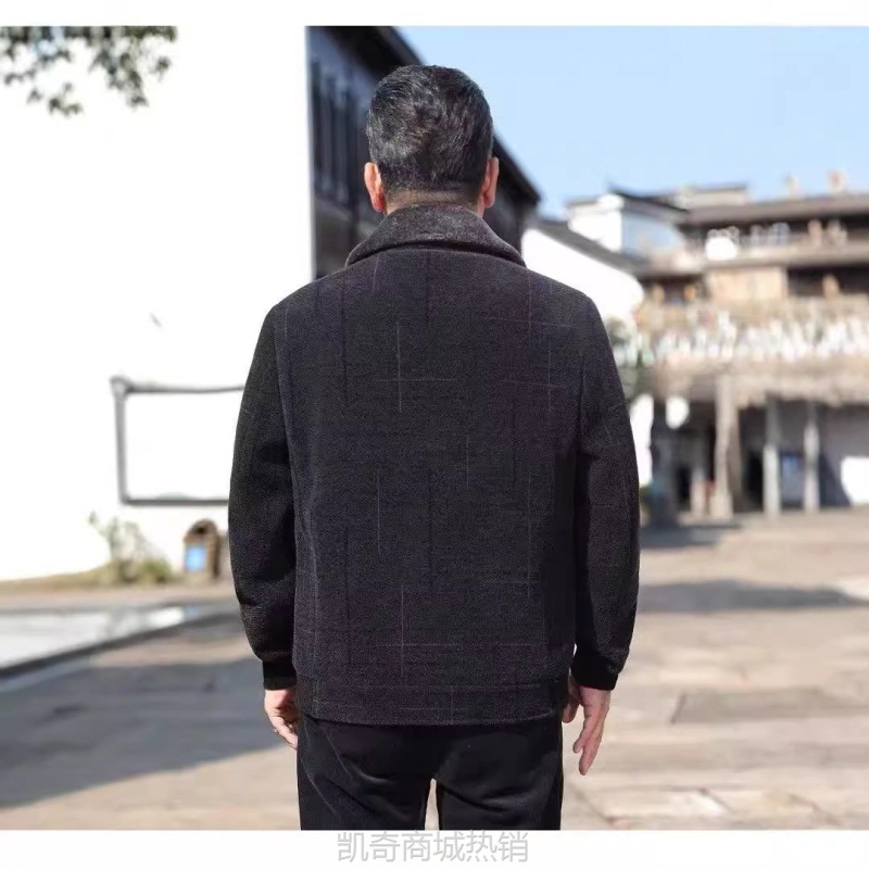 中年男士外套爸爸装秋冬季加绒加厚老年爷爷棉袄毛呢宽松短款夹克
