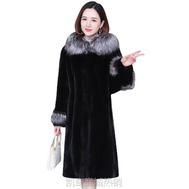 女士连帽仿貂皮大衣女款整貂水貂皮草银狐狸毛领女士貂皮外套长款