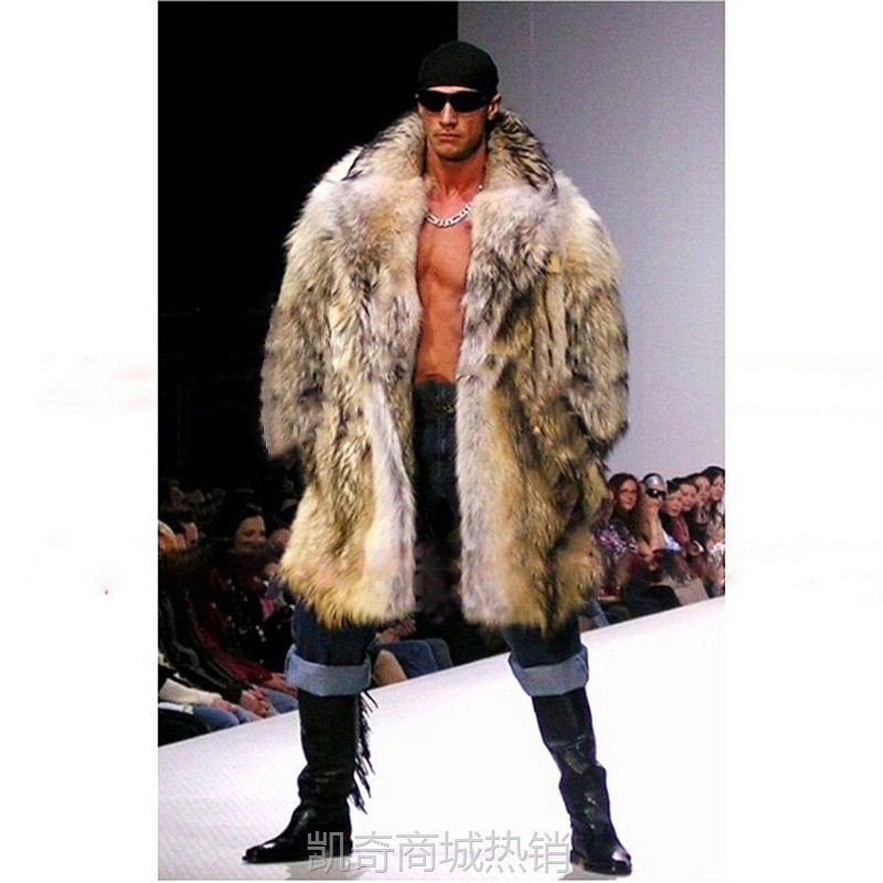 秋冬新款男士皮草外套仿貉子毛中长款大衣时尚潮男欧美外贸大码