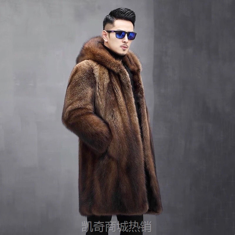 冬季男装皮草外套连帽长款仿水貂毛整貂宽松休闲裘皮保暖大衣大码