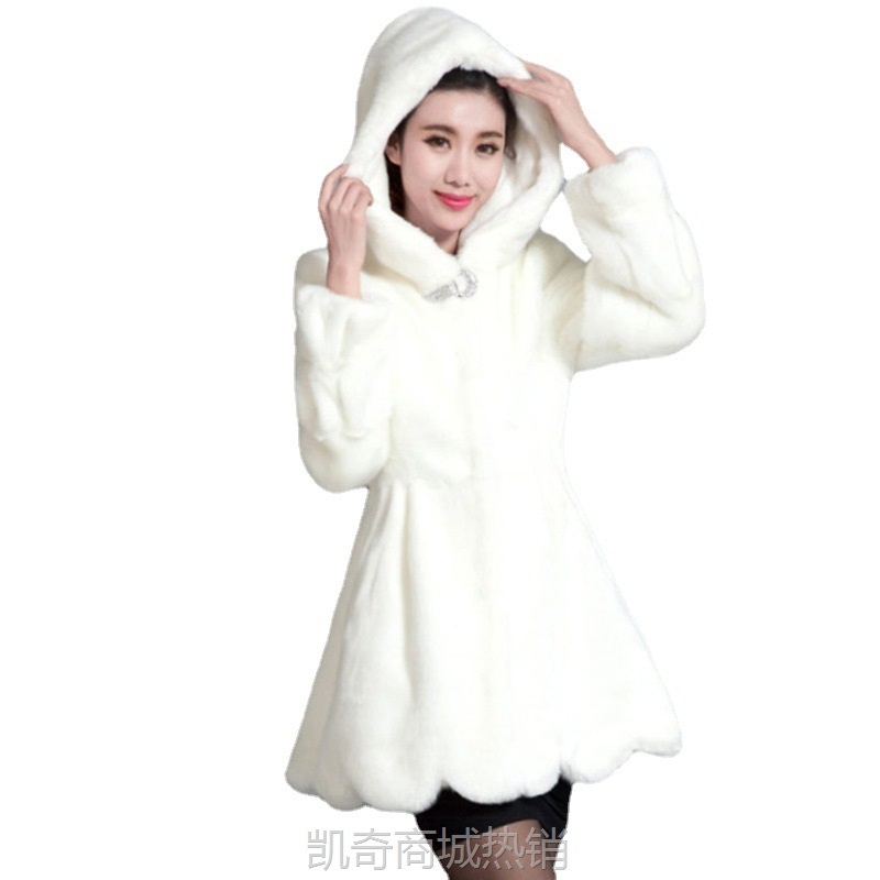 秋冬季新款海宁皮草外套中长款仿水貂毛皮草 连帽白色女士大衣