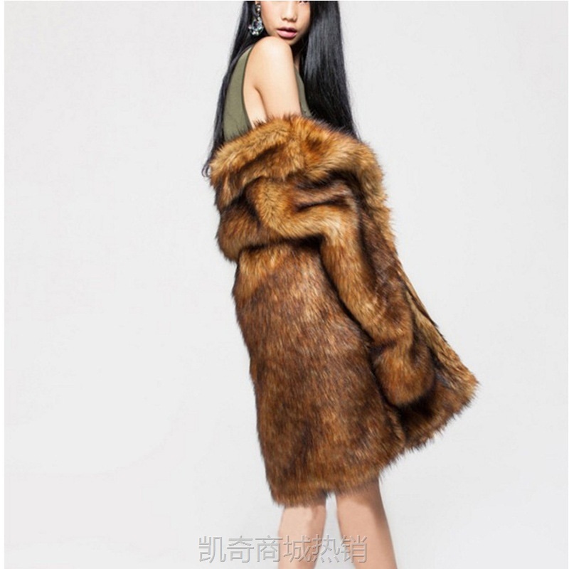 秋冬新款女式皮草外套仿狐狸毛中长款大衣加厚保暖风衣欧美大码