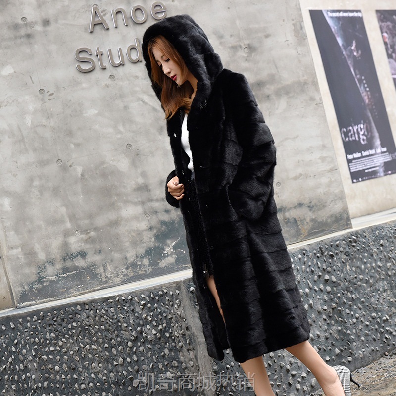 水貂皮整貂女仿皮草外套时尚长款小母貂秋冬季新款连帽横排大衣