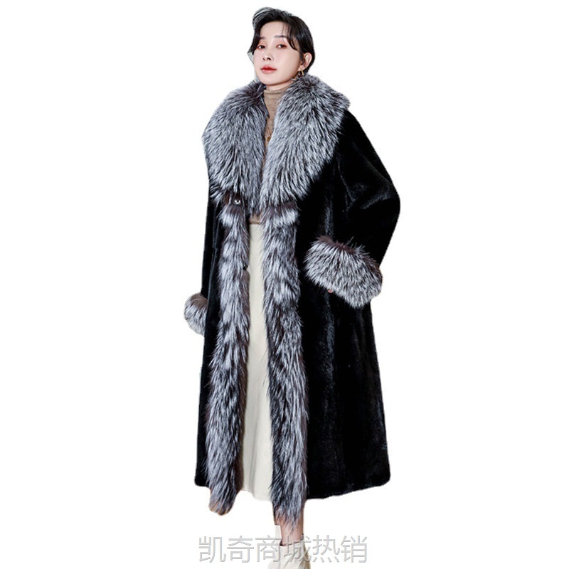 秋冬新款女士貂皮大衣水貂皮草外套银狐狸毛领女装貂皮长款风衣