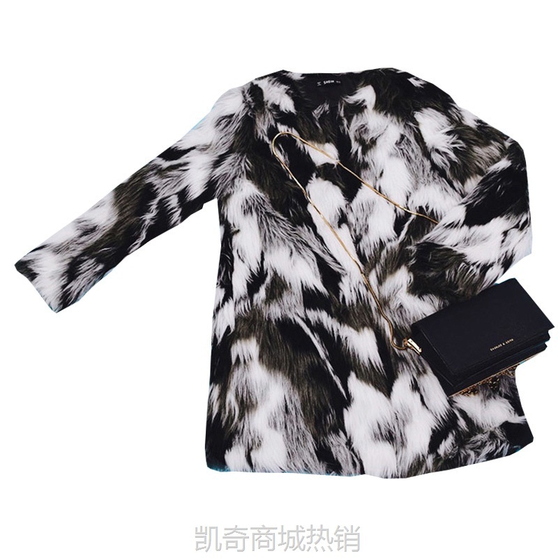 秋冬新款环保狐狸毛皮草外套女中长款毛毛大衣修身圆领撞色长袖