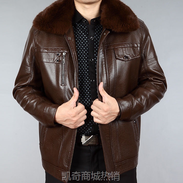新款中老年皮衣冬季加绒男装皮夹克高翻领加毛领厂家批发