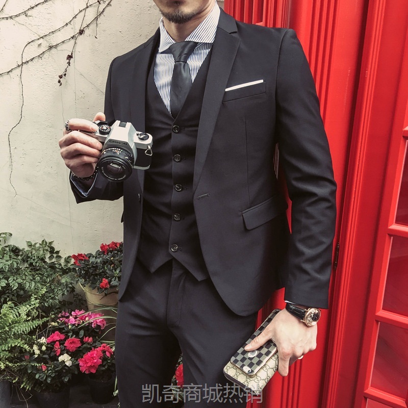 男士西服套装青果领舞台西装礼服主持演出新郎伴郎三件套men suit