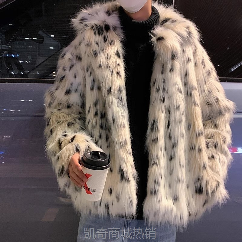 男装皮草外套仿狐狸毛大衣冬季加厚保暖斑点拼色潮流网红情侣夹克