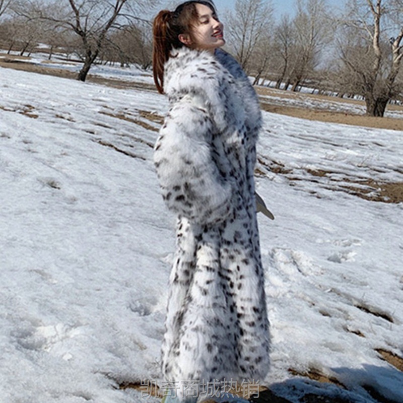 女装皮草外套仿狐狸毛豹纹大翻领长款大衣保暖休闲风衣欧美大码