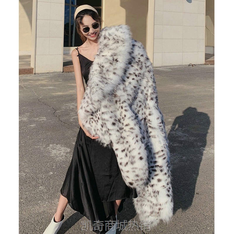 女装皮草外套仿狐狸毛豹纹大翻领长款大衣保暖休闲风衣欧美大码