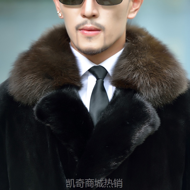 新款男仿水貂整貂长款双排扣男士皮草大衣西装领紫貂领裘皮男外套