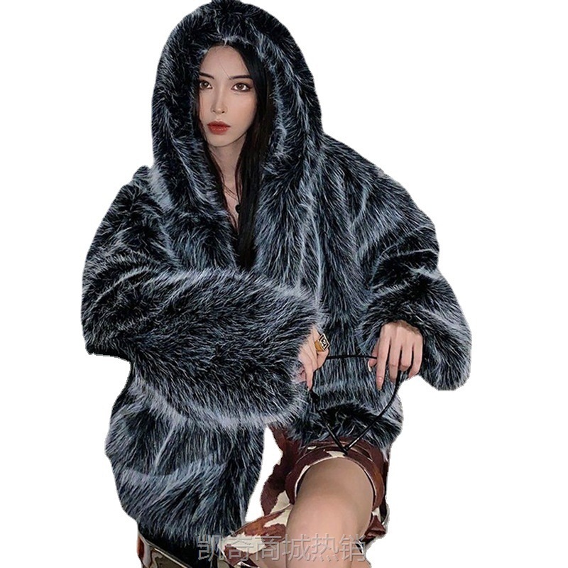 新款女装仿狐狸毛皮草连帽外套女网红冬季宽松毛毛保暖羊羔毛大衣