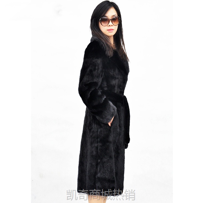女士皮草外套仿水貂毛整貂西服领腰带修身长款女貂皮大衣欧美大码