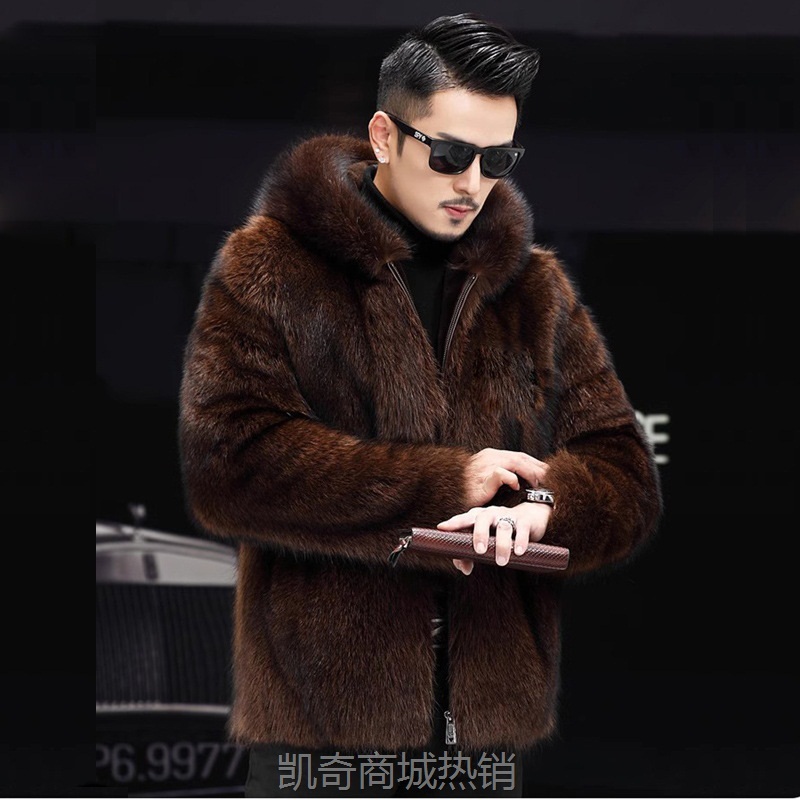 男装皮草外套仿貂皮大衣男式短款连帽休闲时尚潮流冬季水貂毛夹克