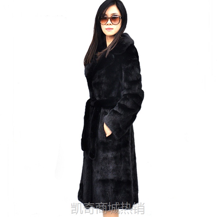 女士皮草外套仿水貂毛整貂西服领腰带修身长款女貂皮大衣欧美大码