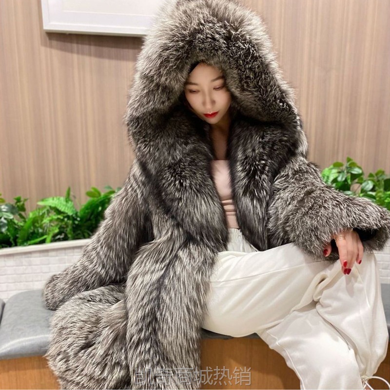 女装皮草外套新款整皮狐狸毛大衣连帽长款风衣年轻冬季保暖女休闲