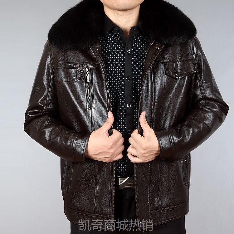 新款中老年皮衣冬季加绒男装皮夹克高翻领加毛领厂家批发