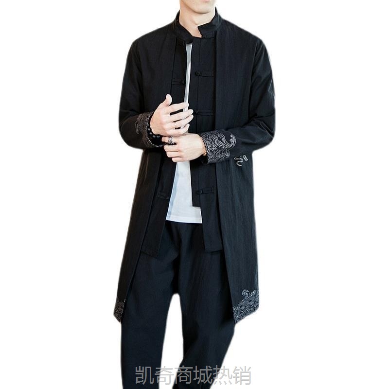 2022秋冬新款中国风男装盘扣风衣汉服宽松外套青年立领中长款唐装