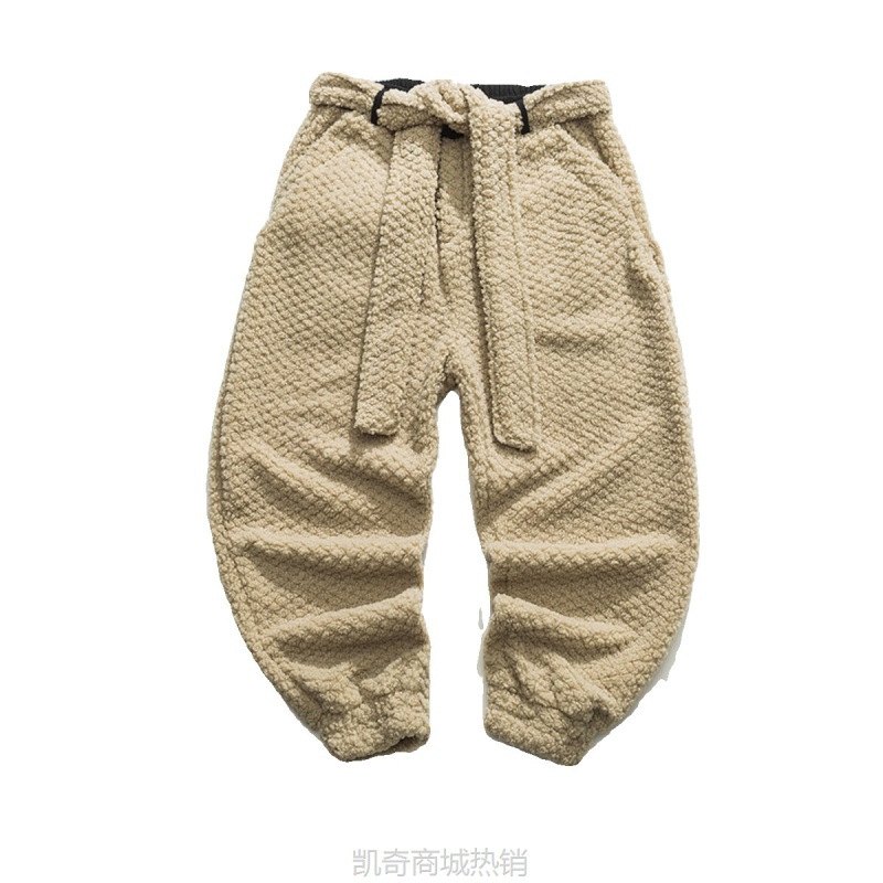 2023冬季新款男式复古腰带款哈伦裤收口中国风羊羔毛潮流休闲裤