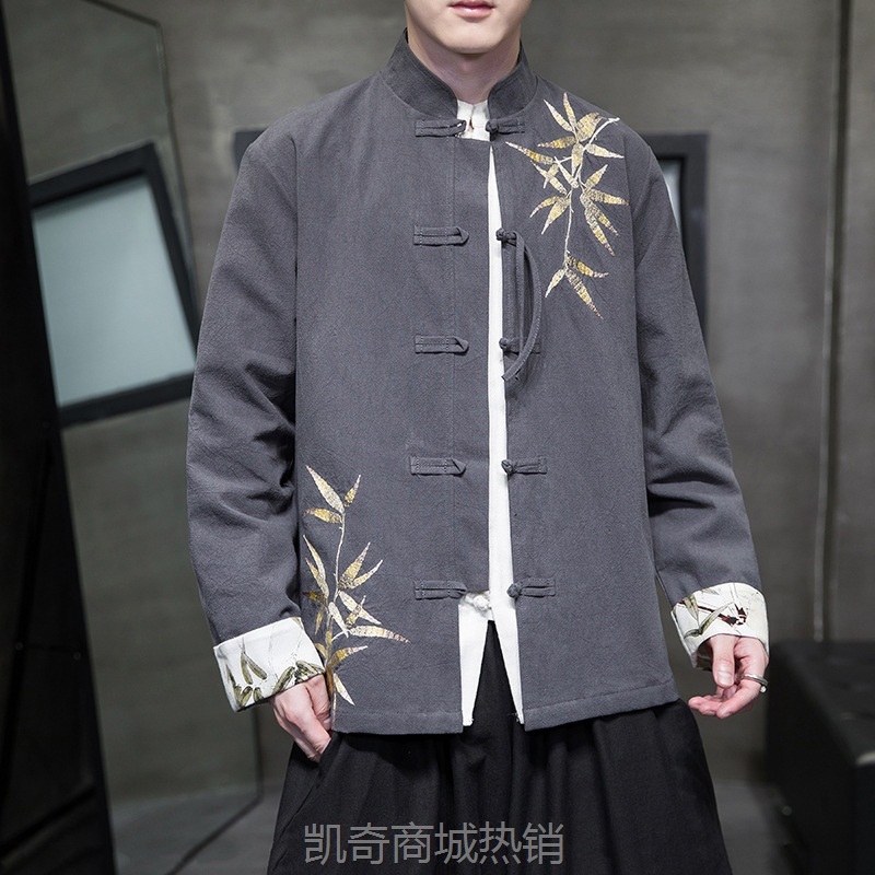 亚麻款新中式2023秋冬新款中国风男装  竹子刺绣  棉麻唐装外套男