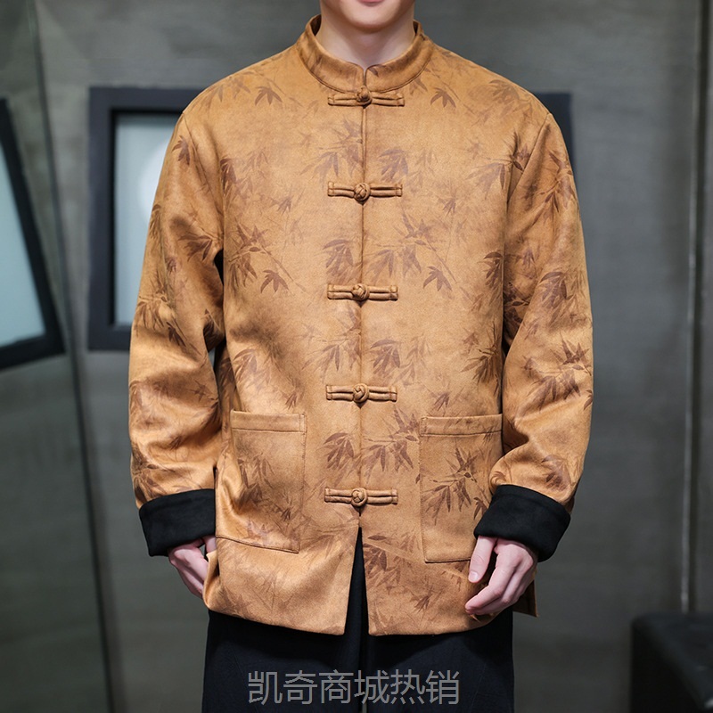 2024秋冬新款麂皮绒烫金竹叶中国风男装复古潮流盘扣夹克外套批发