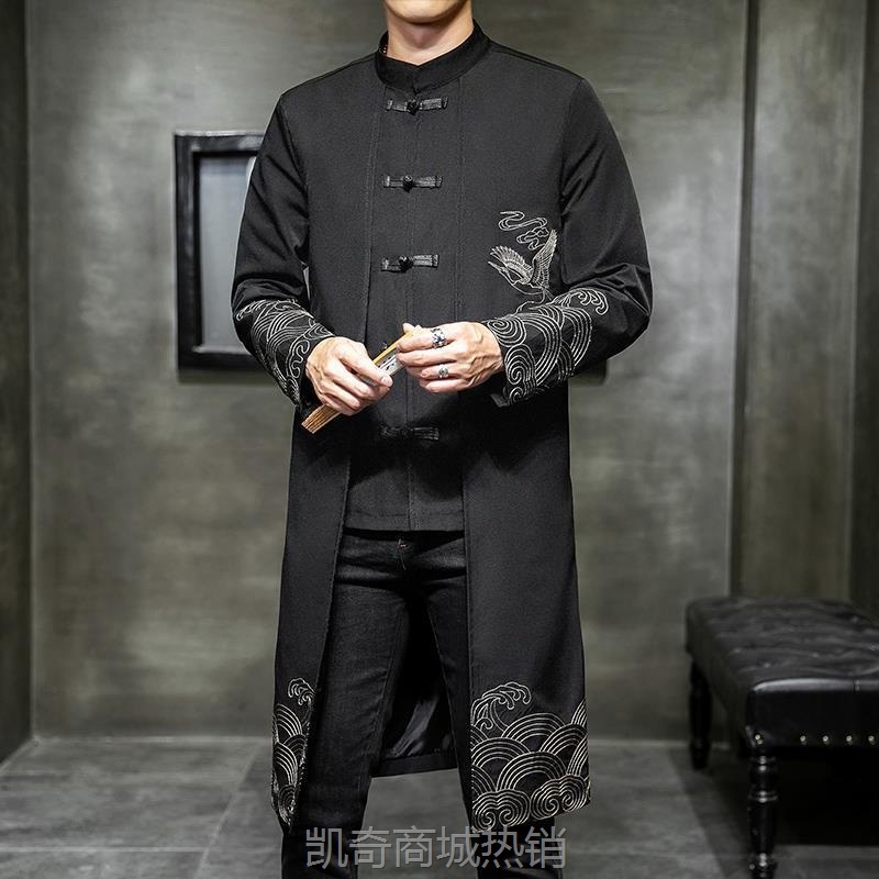 春秋款男士潮流中长款汉服刺绣风衣唐装中国风假两件复古休闲外套