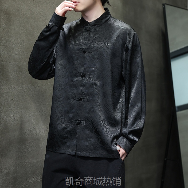 2024春夏新款中国风男装暗花龙纹冰丝立领长袖衬衫国潮新中式唐装