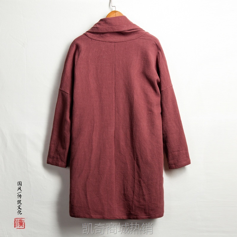 2022秋冬新款中国风男装纯色亚麻汉服男士棉麻潮流中长款风衣外套