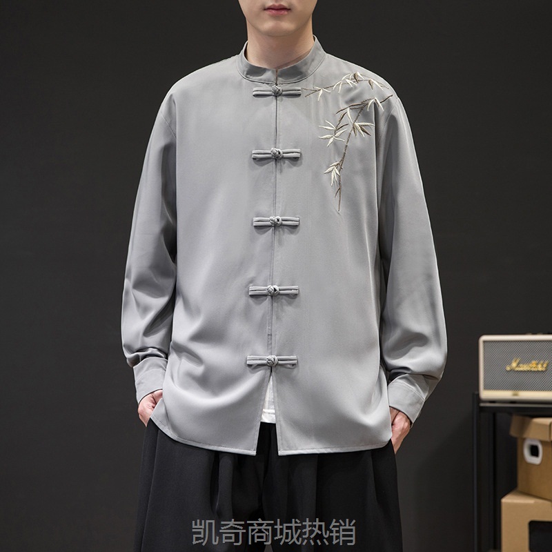 2023秋冬新款中国风男装复古潮流长袖盘扣衬衫刺绣新中式唐装衬衣