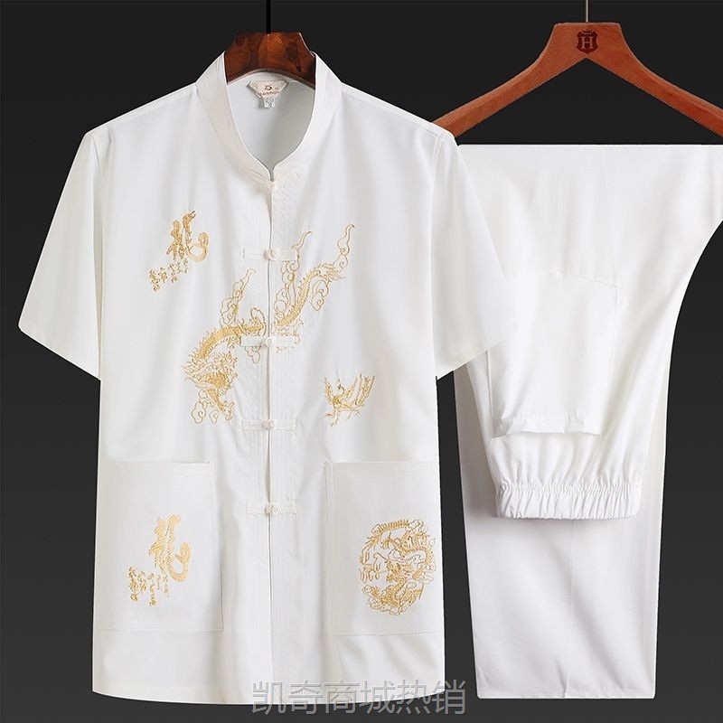 唐装中老年人男装汉服春夏秋爸爸长袖衬衫套装爷爷红色太极晨练服
