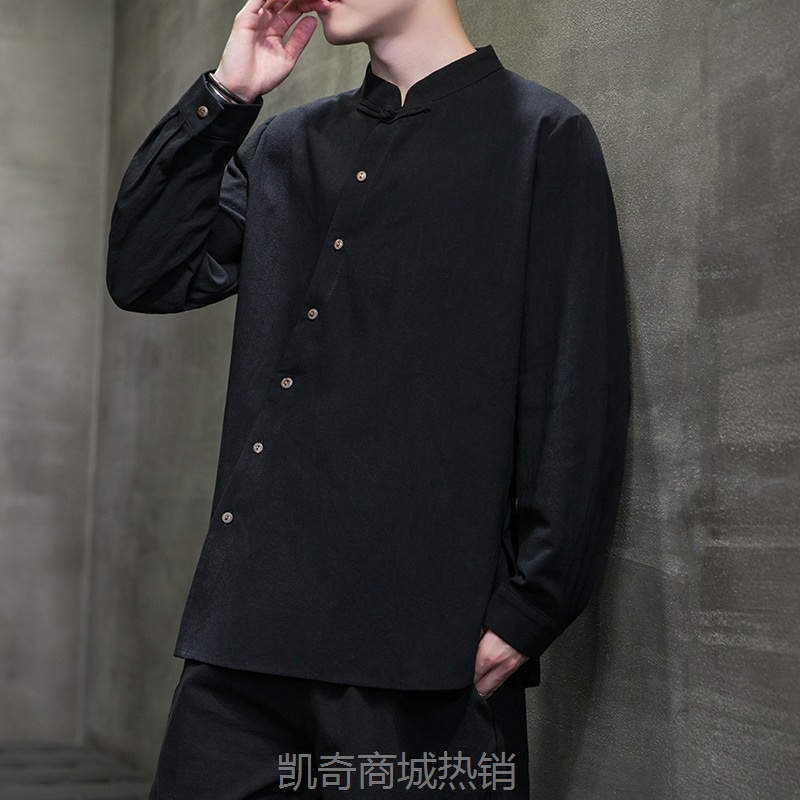 2023秋装新款中国风男装复古潮流棉麻长袖衬衫唐装中式立领衬衣男