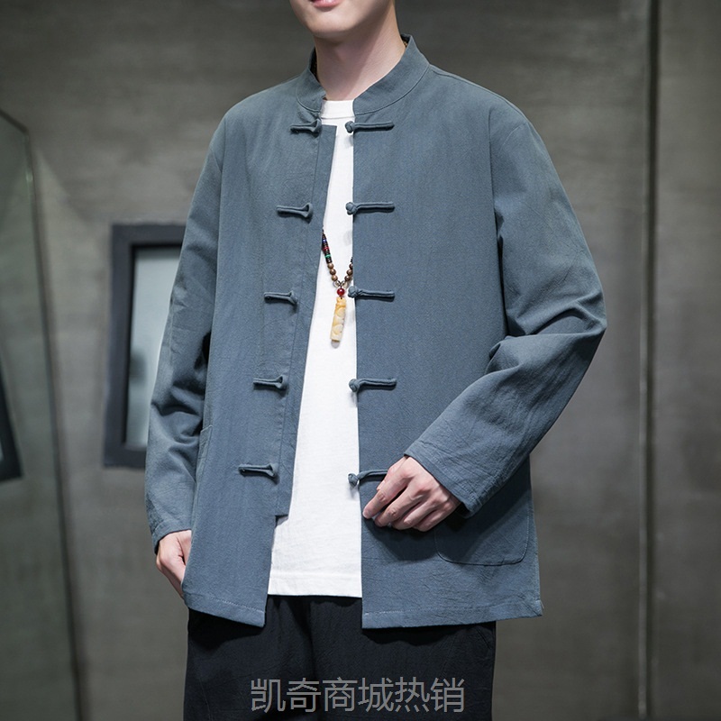 2023春秋季新款中国风男装复古中式棉麻衬衫大码潮流唐装长袖外套