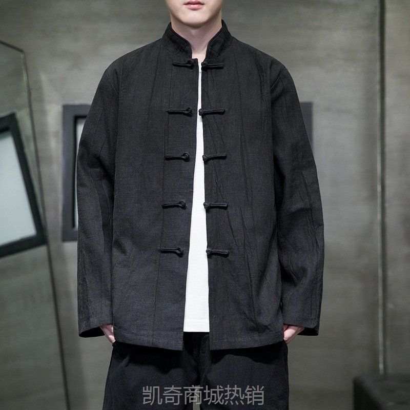 2023秋冬新款中国风男装复古盘扣亚麻褶皱中式夹克大码潮流外套男