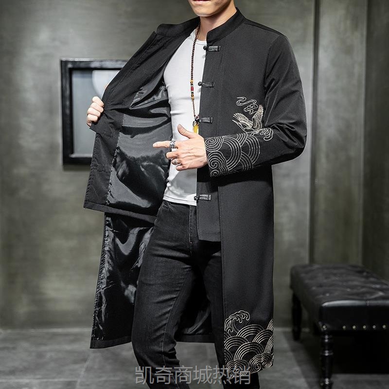 春秋款男士潮流中长款汉服刺绣风衣唐装中国风假两件复古休闲外套