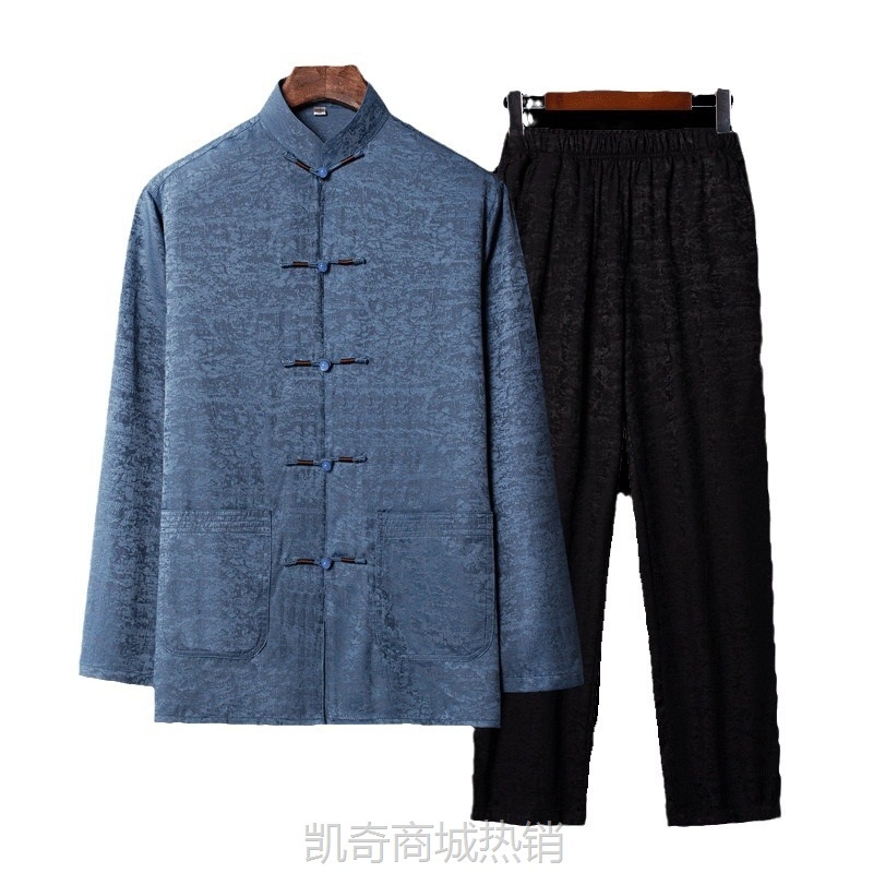 高端休闲桑蚕丝男士唐装长袖套装春秋薄款中老年真丝爸爸爷爷衣服