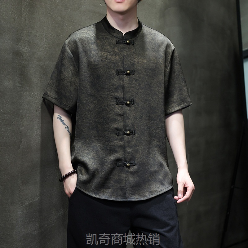 2024新中式短袖衬衫夏季中国风男装立领醋酸绸缎烫金印花盘扣衬衣