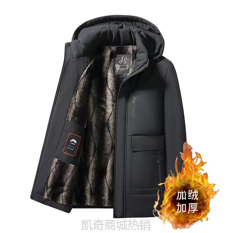 冬季加绒加厚中长款保暖中老年棉衣爸爸冬装外套冲锋衣棉服外套