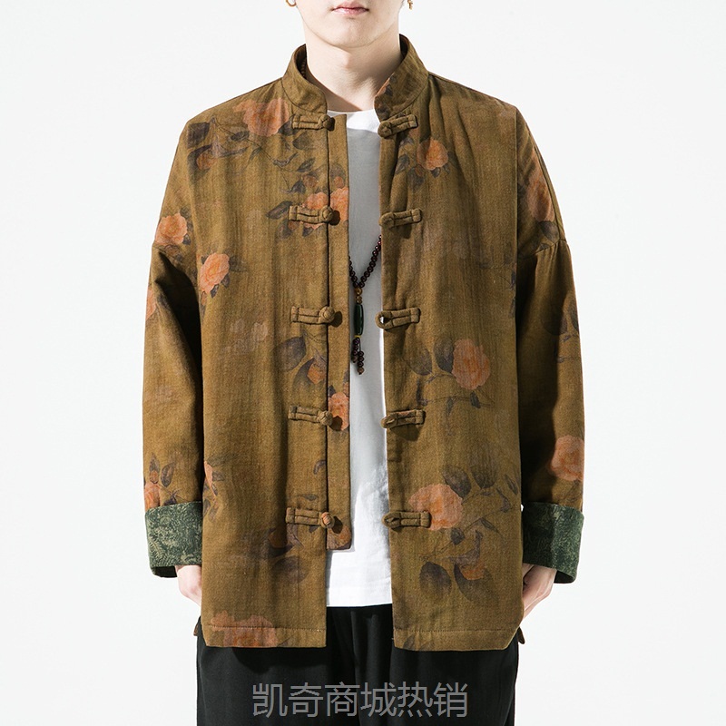 2023春夏新款中国风男装棉麻印花唐装汉服夹克大码潮流外套男批发