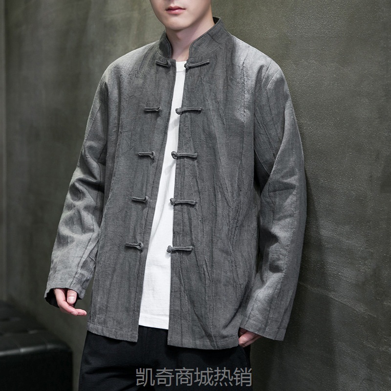 2023秋冬新款中国风男装复古盘扣亚麻褶皱中式夹克大码潮流外套男