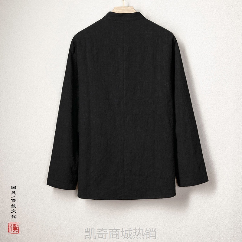 2024秋冬新款青年复古潮流棉麻亚麻提花男士立领中式盘扣唐装衬衫