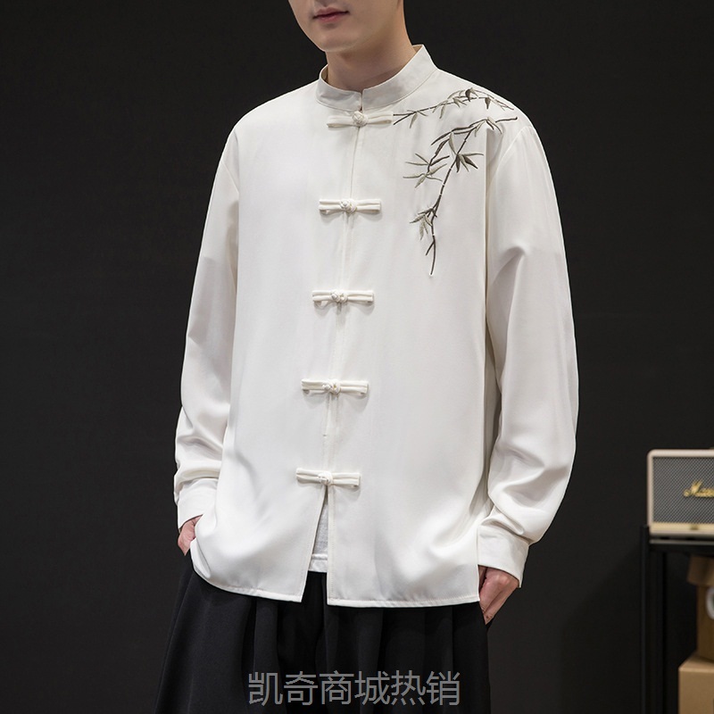 2023秋冬新款中国风男装复古潮流长袖盘扣衬衫刺绣新中式唐装衬衣