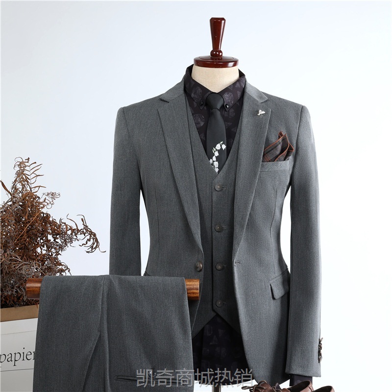 秋冬新款西服套装男士三件套韩版抗皱修身结婚伴郎礼服职业正装男