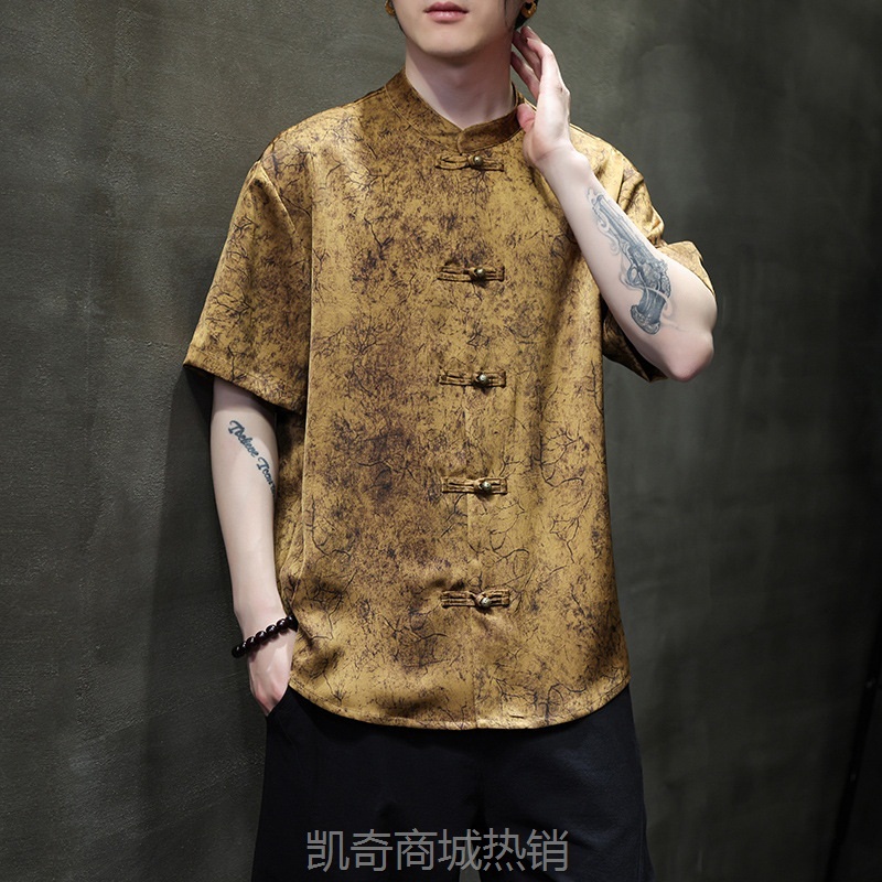 2024新中式短袖衬衫夏季中国风男装立领醋酸绸缎烫金印花盘扣衬衣