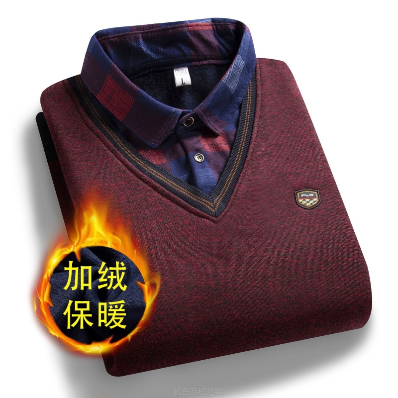 现货批发支持一件代发加厚加绒男士假两件针织毛衣中爸爸装针织衫
