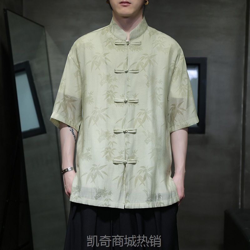2024夏季新中式盘扣中山唐装中国风男式复古潮流暗纹高级感衬衫男