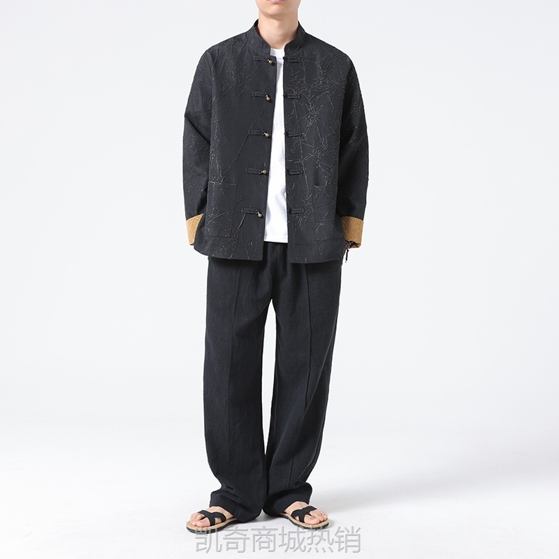 2024春夏新款花唐式唐装男浮雕褶皱中式改良外套复古国潮立领上衣