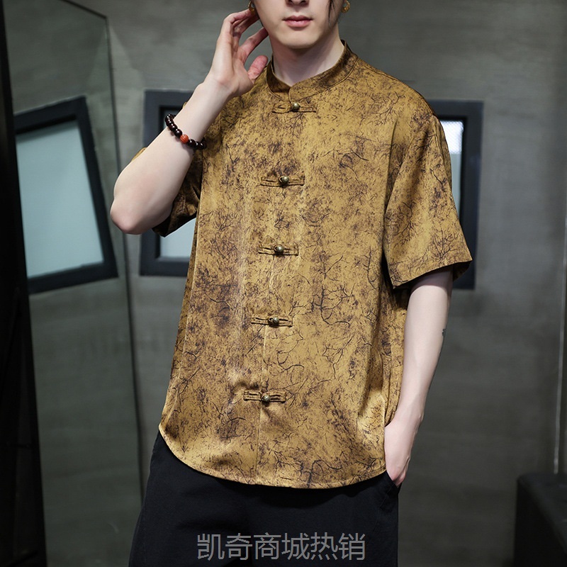 2024新中式短袖衬衫夏季中国风男装立领醋酸绸缎烫金印花盘扣衬衣
