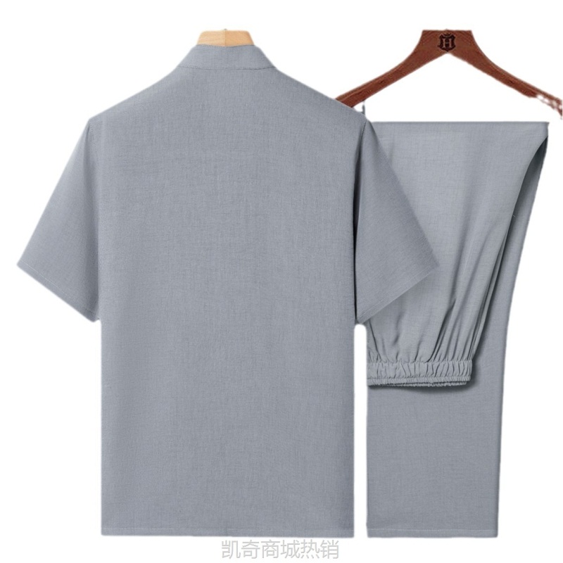 中老年唐装男爸爸夏季薄款短袖套装老人衣服中国风棉麻套装爸爸装